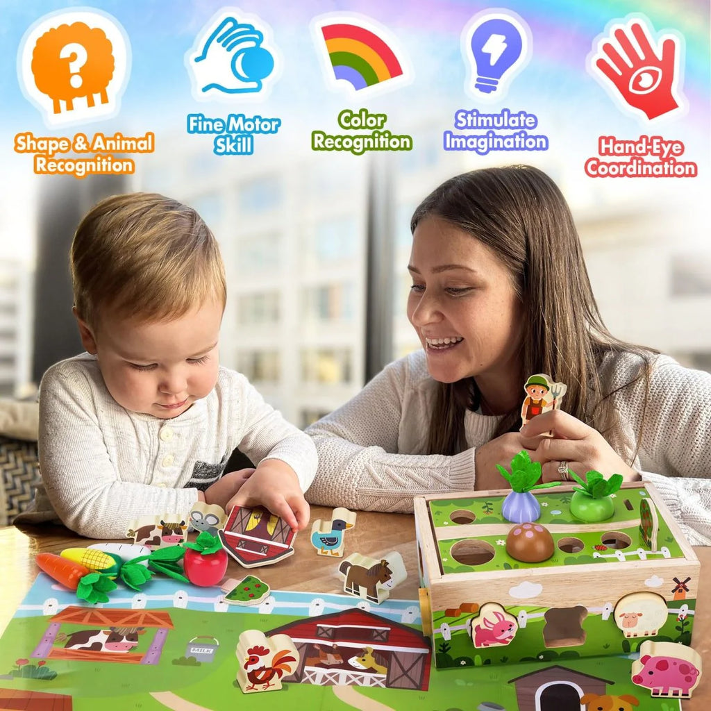 Montessori Carrot Toy with Animals, Storage, Shapes & Sorting