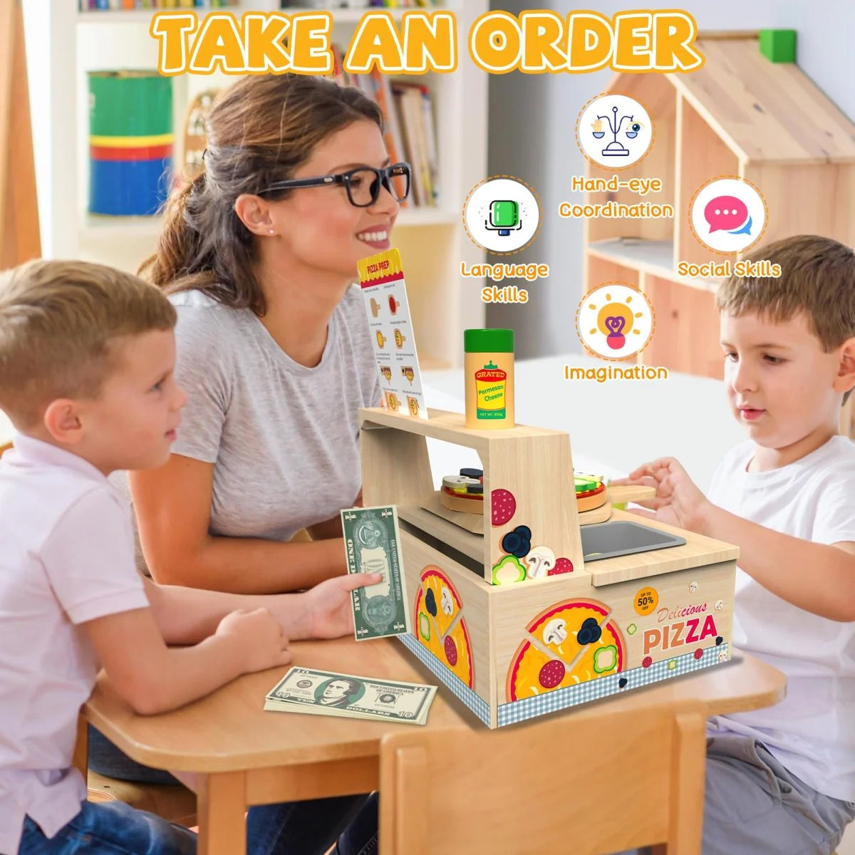 Montessori Wooden Pizza Toy with Counter Menu, Oven, Storage 49 Pieces